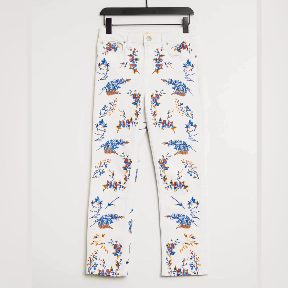 MAJE White Straight Leg Stretch Jeans With Floral Embroidery Size EU38/US6